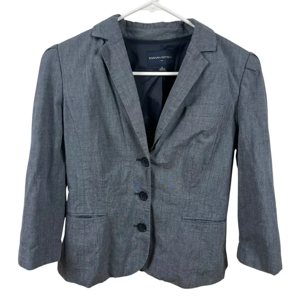 Banana Republic Puff Sleeve Blazer Sz XS-S Tag 8 Blue Gray Editorial Officecore